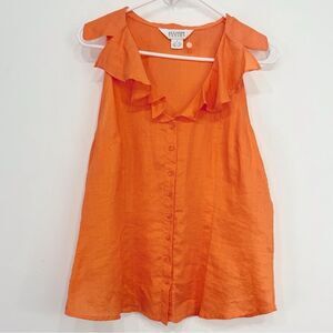 Allison Taylor Orange 100% Linen Ruffle Collar Sleeveless Button Up Blouse NEW
